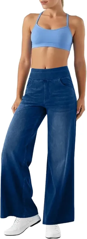 Women's Wide Leg Jeans High Waisted Stretchy Pull On Wide Leg Denim Pants with Pocket