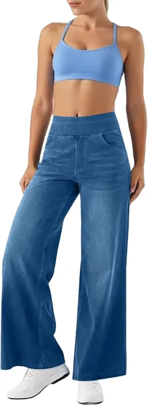 Women's Wide Leg Jeans High Waisted Stretchy Pull On Wide Leg Denim Pants with Pocket