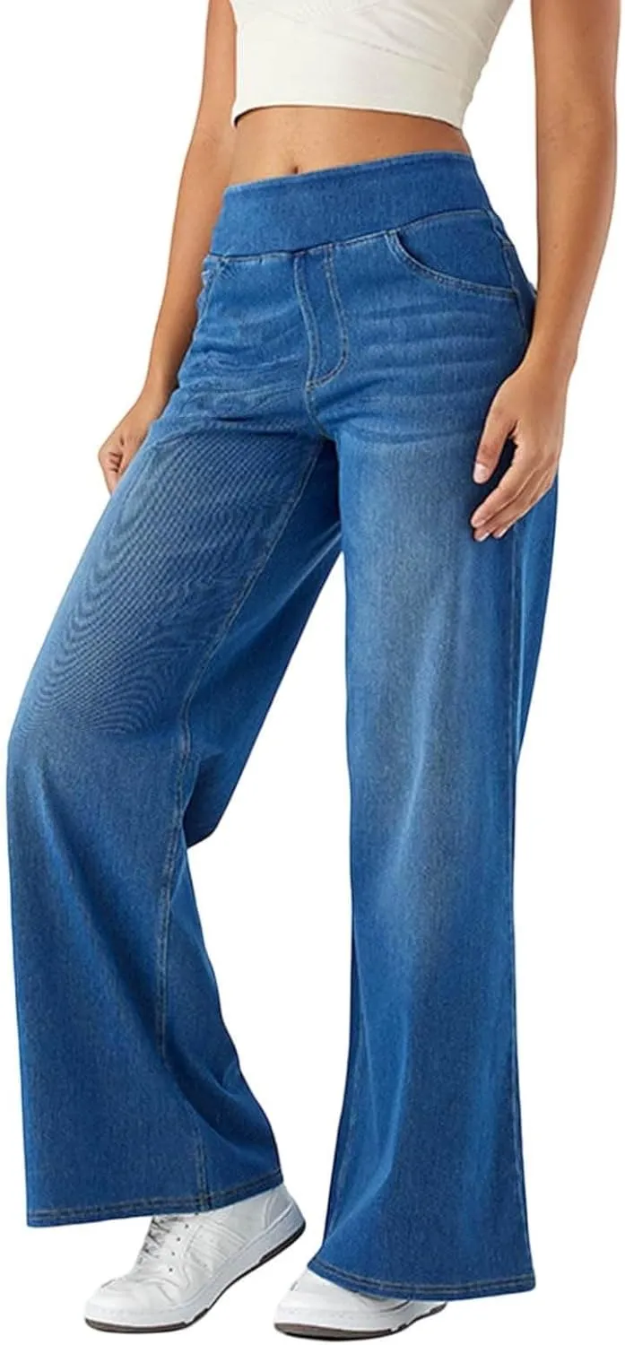 Women's Wide Leg Jeans High Waisted Stretchy Pull On Wide Leg Denim Pants with Pocket