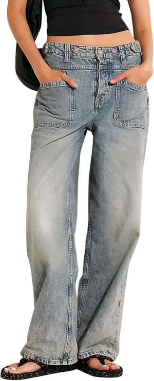 Women's Wide Leg Jeans Mid Waisted Stretchy Straight Leg Pants Palmer Cuffed Jeans with Pockets