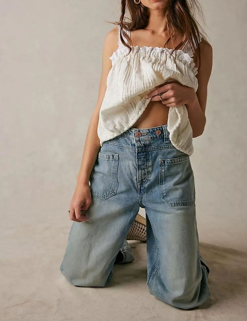 Women's Wide Leg Jeans Mid Waisted Stretchy Straight Leg Pants Palmer Cuffed Jeans with Pockets