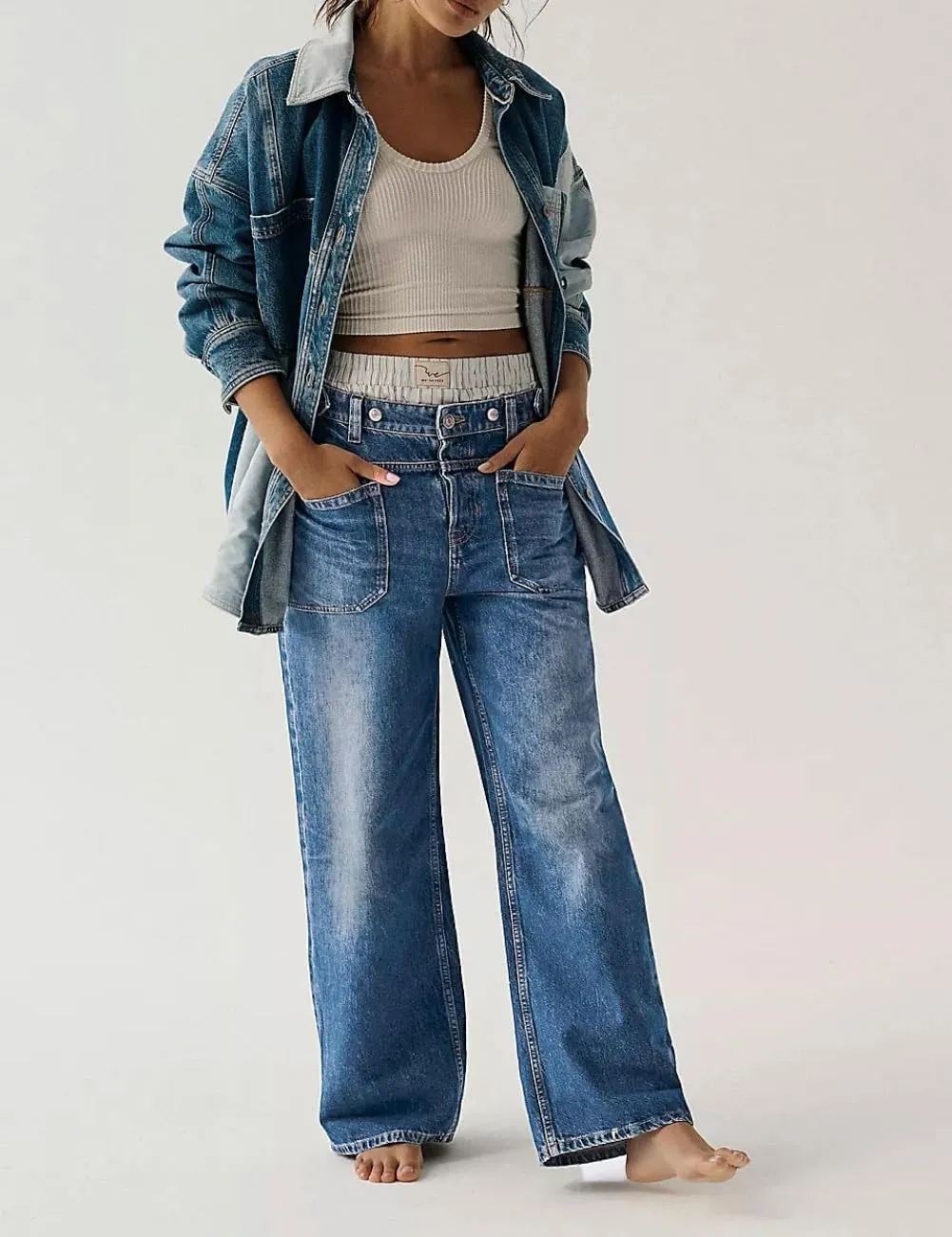 Women's Wide Leg Jeans Mid Waisted Stretchy Straight Leg Pants Palmer Cuffed Jeans with Pockets