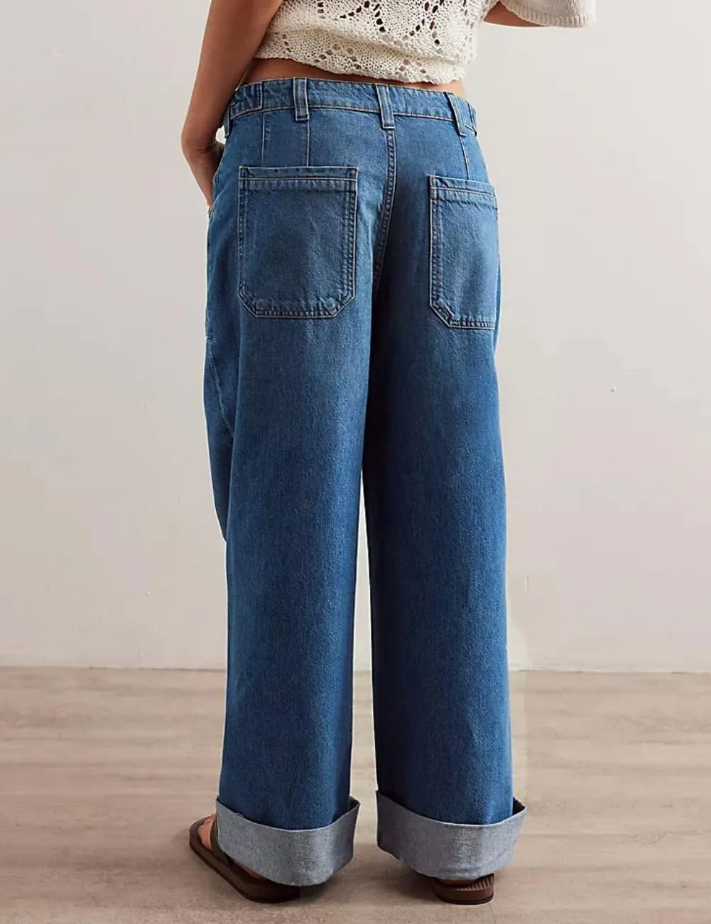 Women's Wide Leg Jeans Mid Waisted Stretchy Straight Leg Pants Palmer Cuffed Jeans with Pockets