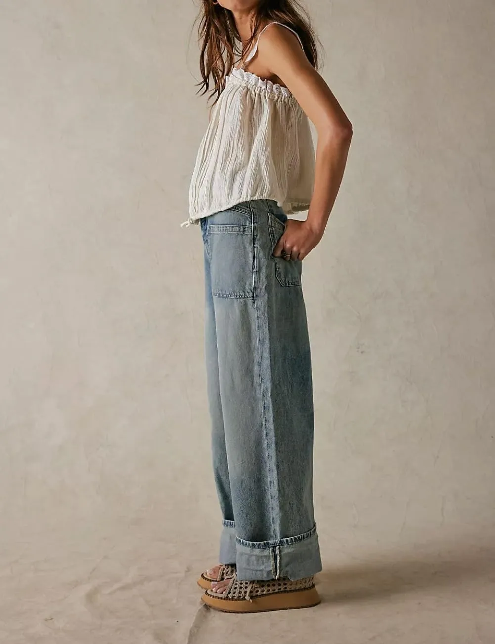 Women's Wide Leg Jeans Mid Waisted Stretchy Straight Leg Pants Palmer Cuffed Jeans with Pockets