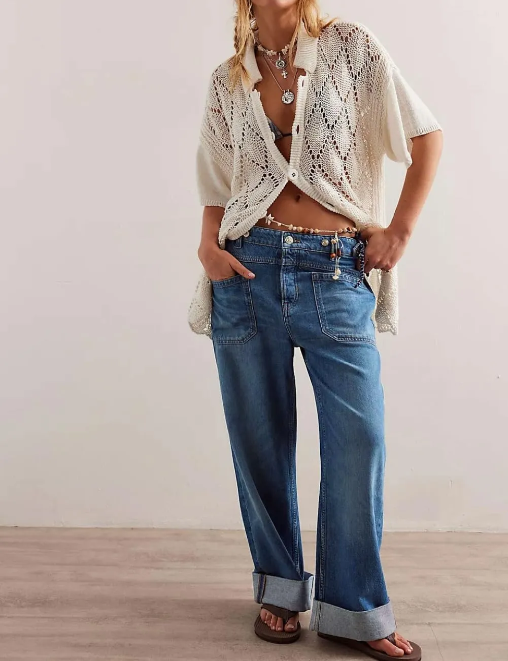 Women's Wide Leg Jeans Mid Waisted Stretchy Straight Leg Pants Palmer Cuffed Jeans with Pockets