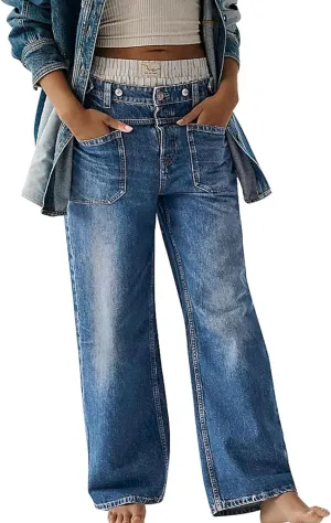 Women's Wide Leg Jeans Mid Waisted Stretchy Straight Leg Pants Palmer Cuffed Jeans with Pockets