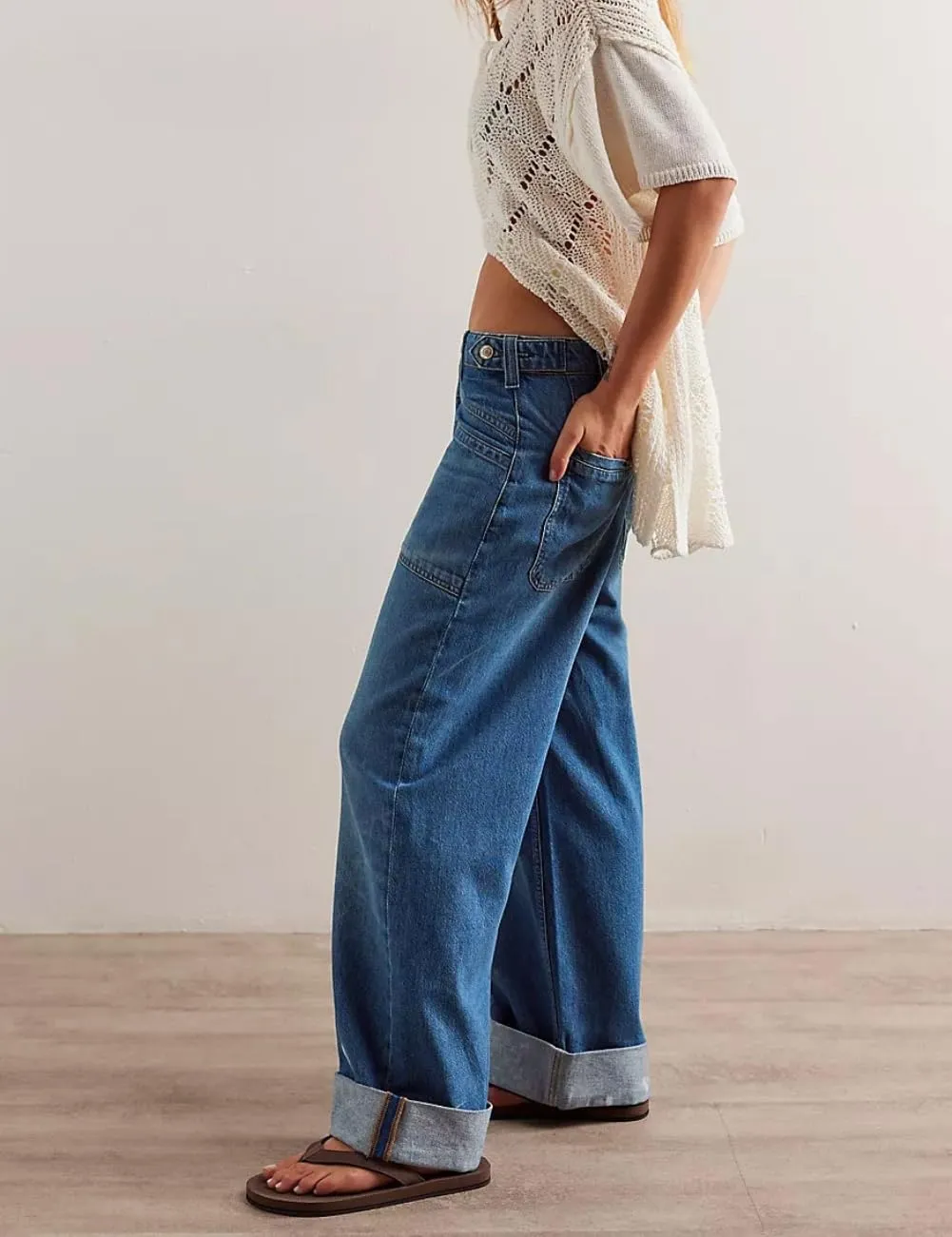 Women's Wide Leg Jeans Mid Waisted Stretchy Straight Leg Pants Palmer Cuffed Jeans with Pockets