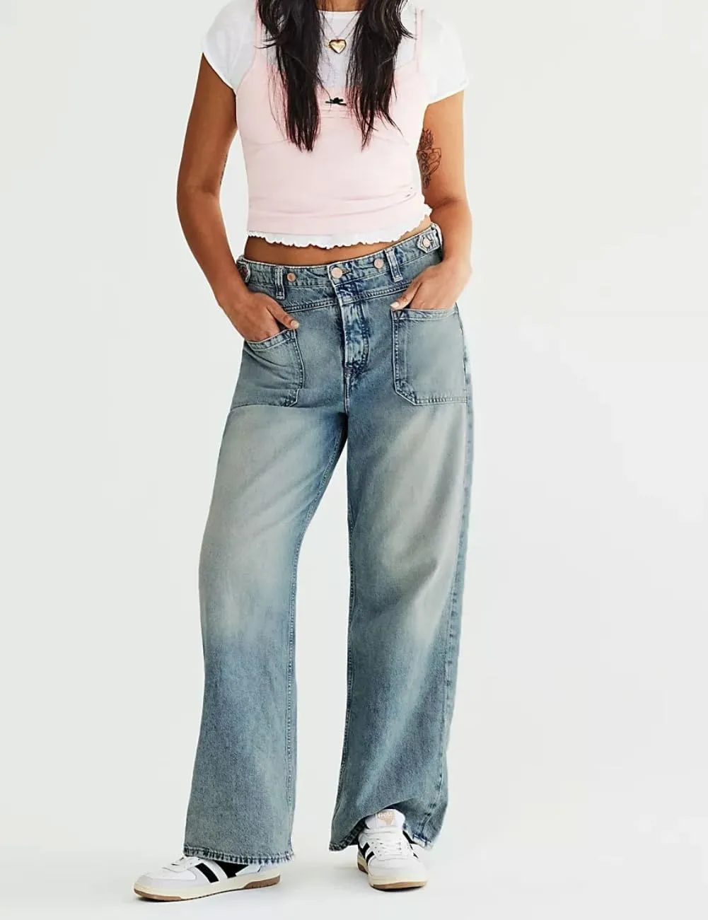 Women's Wide Leg Jeans Mid Waisted Stretchy Straight Leg Pants Palmer Cuffed Jeans with Pockets