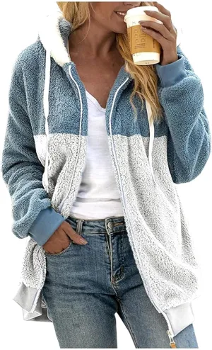 Womens Winter Coats Fuzzy Fleece Zipper Hooded Jacket Color Block Patchwork Outdoor Loose Comfy Warm Sherpa Outerwear