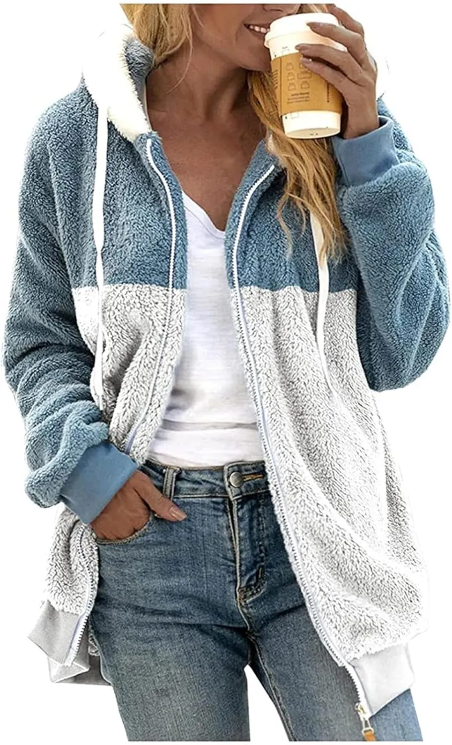 Womens Winter Coats Fuzzy Fleece Zipper Hooded Jacket Color Block Patchwork Outdoor Loose Comfy Warm Sherpa Outerwear
