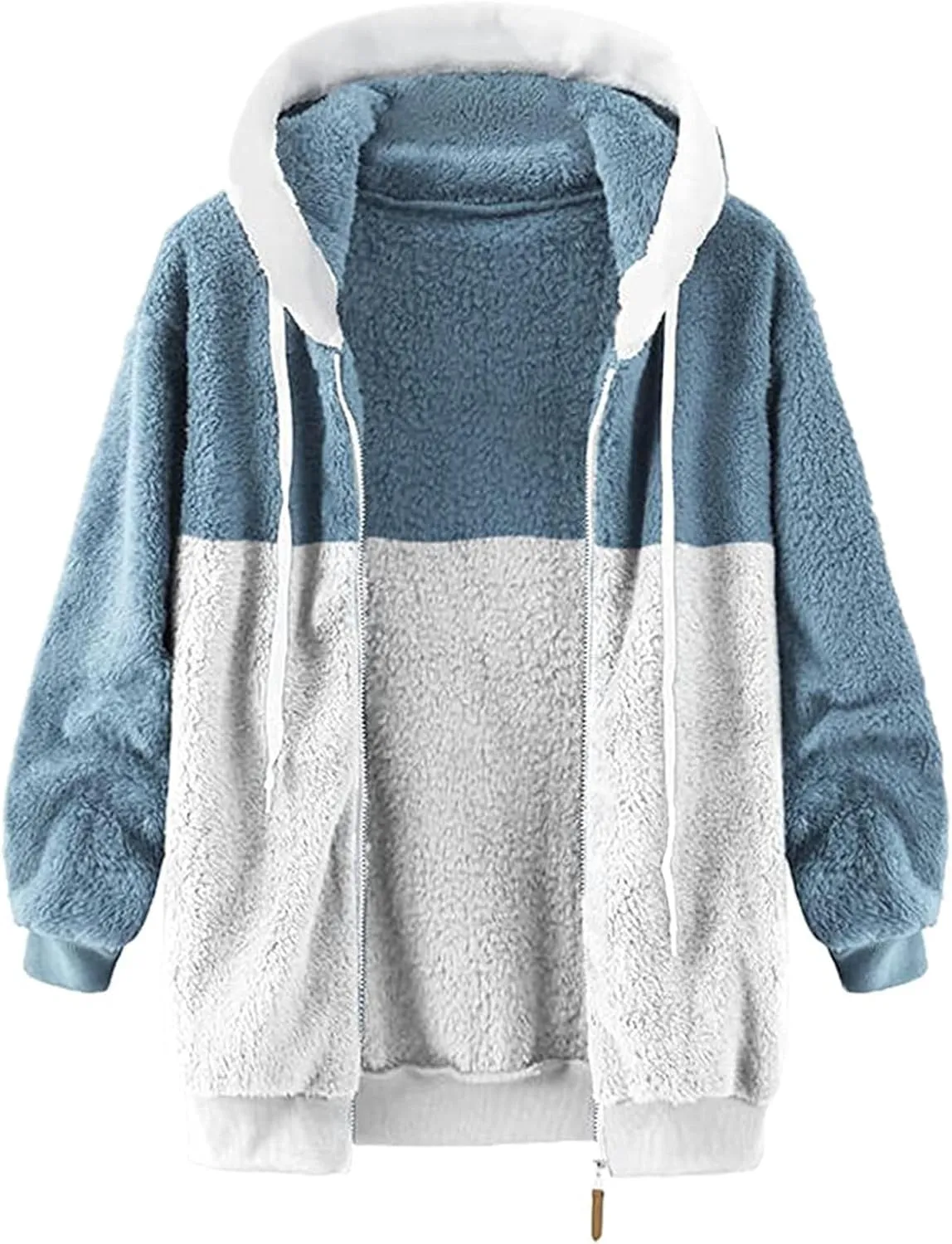 Womens Winter Coats Fuzzy Fleece Zipper Hooded Jacket Color Block Patchwork Outdoor Loose Comfy Warm Sherpa Outerwear