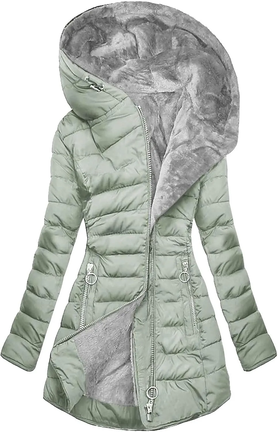 Womens Winter Jackets With Hood Warm Zipper Up Long Sleeve Mid Length Puffer Coat Solid Color Pocket Quilted Jacket