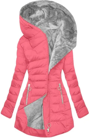 Womens Winter Jackets With Hood Warm Zipper Up Long Sleeve Mid Length Puffer Coat Solid Color Pocket Quilted Jacket