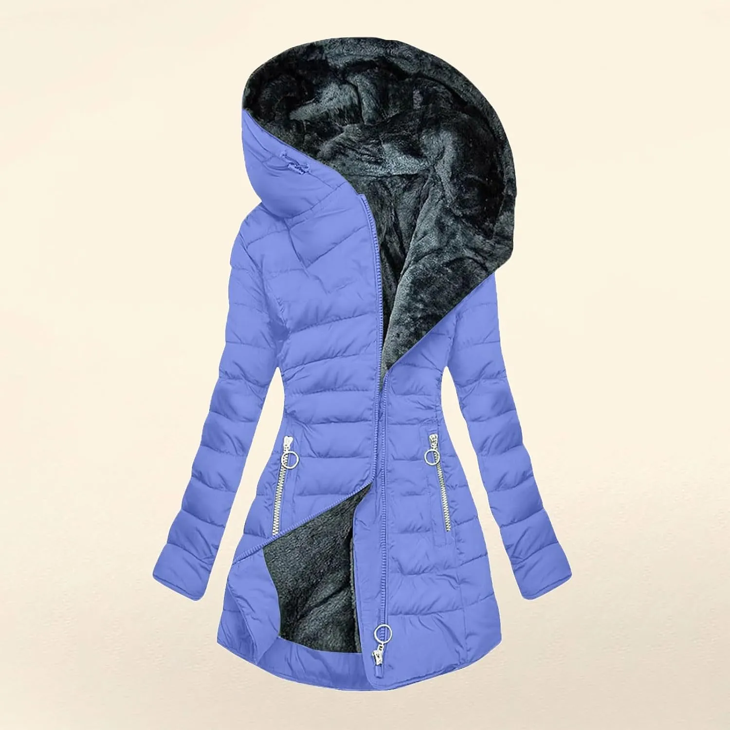 Womens Winter Jackets With Hood Warm Zipper Up Long Sleeve Mid Length Puffer Coat Solid Color Pocket Quilted Jacket