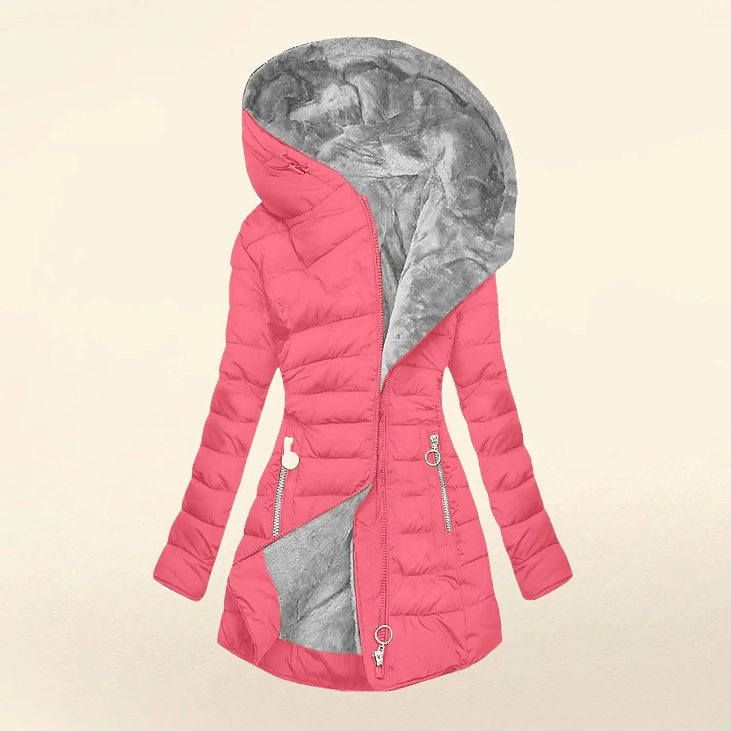 Womens Winter Jackets With Hood Warm Zipper Up Long Sleeve Mid Length Puffer Coat Solid Color Pocket Quilted Jacket