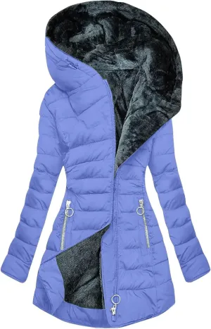 Womens Winter Jackets With Hood Warm Zipper Up Long Sleeve Mid Length Puffer Coat Solid Color Pocket Quilted Jacket