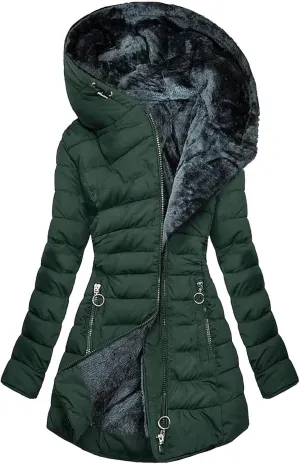 Womens Winter Jackets With Hood Warm Zipper Up Long Sleeve Mid Length Puffer Coat Solid Color Pocket Quilted Jacket