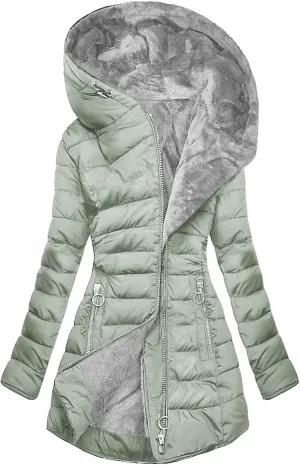 Womens Winter Jackets With Hood Warm Zipper Up Long Sleeve Mid Length Puffer Coat Solid Color Pocket Quilted Jacket