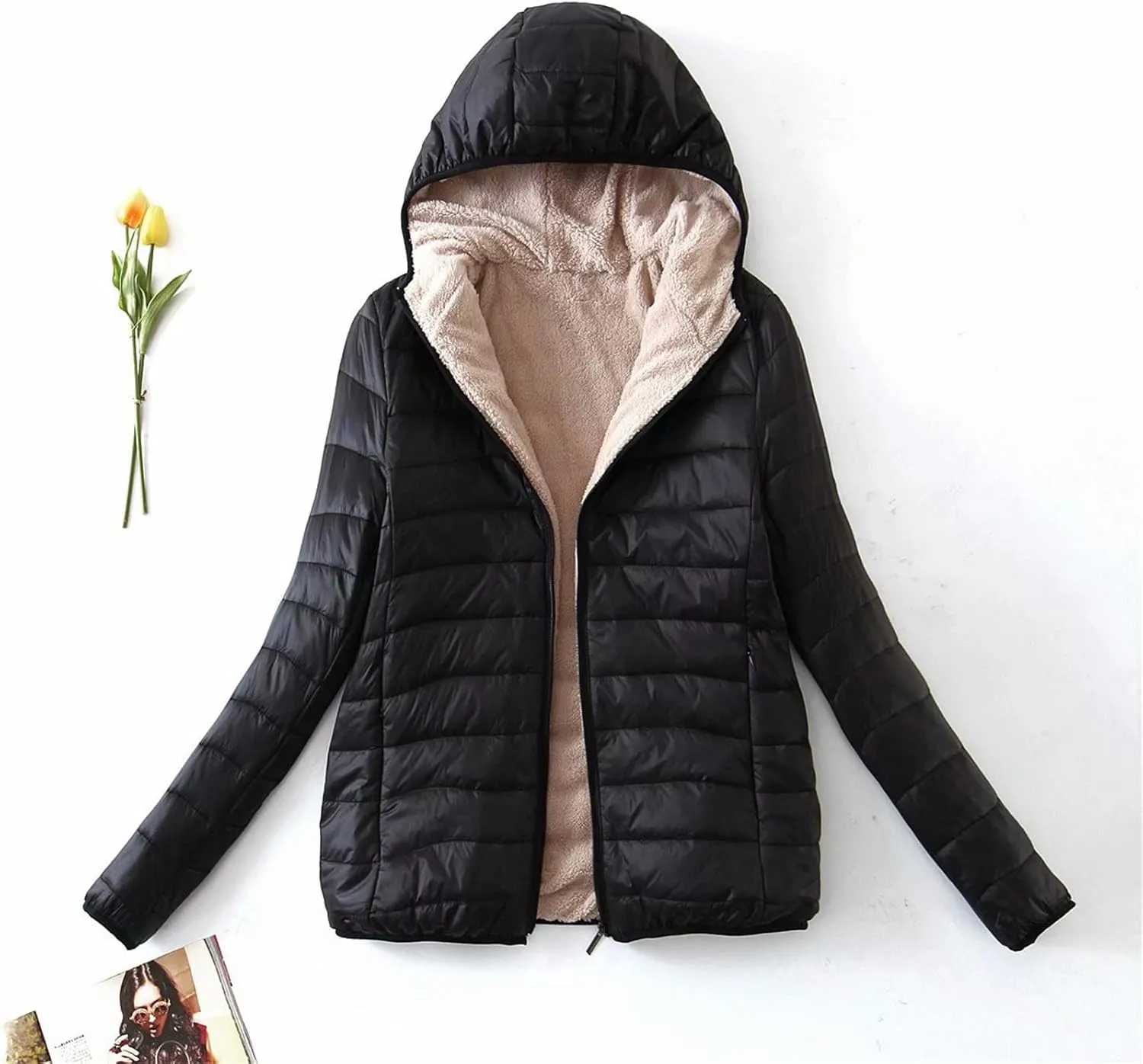 Womens Winter Puffer Jacket with Hood Fleece Lined Down Jackets Light Packable Quilted Puffer Coat