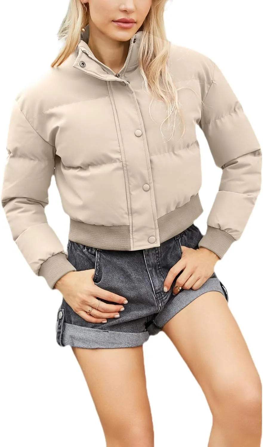 Womens Winter Quilted Jackets, Winter Warm Long Sleeve Zip up Cropped Puffer Down Jacket Coat Outerwear, Puffy Coat