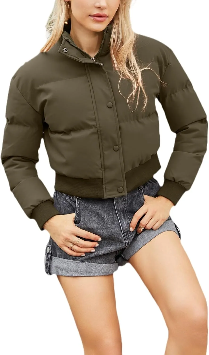 Womens Winter Quilted Jackets, Winter Warm Long Sleeve Zip up Cropped Puffer Down Jacket Coat Outerwear, Puffy Coat