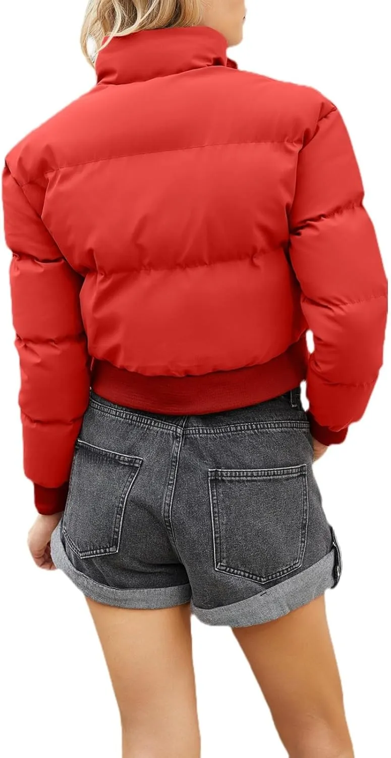 Womens Winter Quilted Jackets, Winter Warm Long Sleeve Zip up Cropped Puffer Down Jacket Coat Outerwear, Puffy Coat