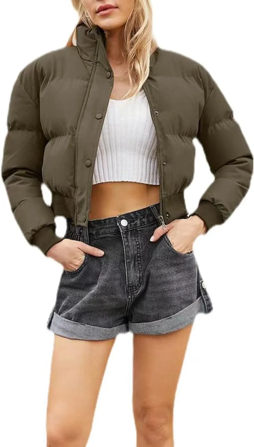 Womens Winter Quilted Jackets, Winter Warm Long Sleeve Zip up Cropped Puffer Down Jacket Coat Outerwear, Puffy Coat