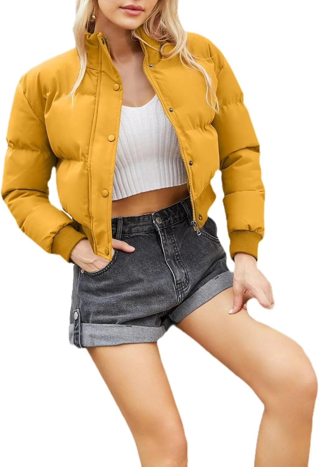 Womens Winter Quilted Jackets, Winter Warm Long Sleeve Zip up Cropped Puffer Down Jacket Coat Outerwear, Puffy Coat
