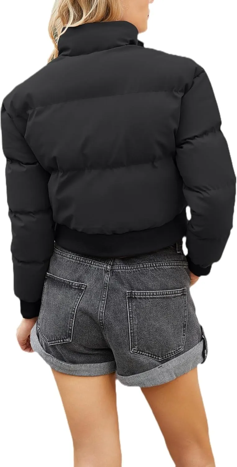 Womens Winter Quilted Jackets, Winter Warm Long Sleeve Zip up Cropped Puffer Down Jacket Coat Outerwear, Puffy Coat