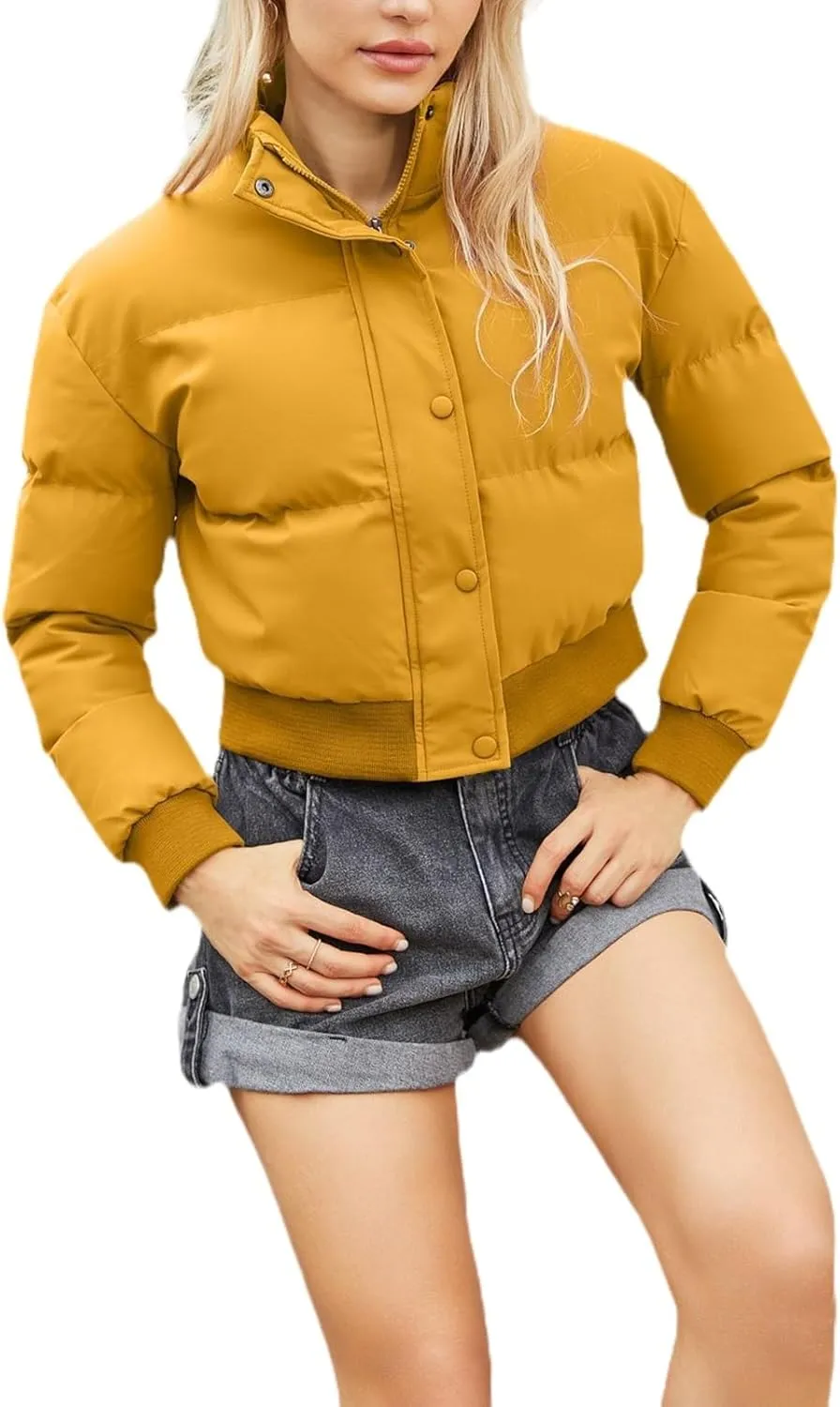 Womens Winter Quilted Jackets, Winter Warm Long Sleeve Zip up Cropped Puffer Down Jacket Coat Outerwear, Puffy Coat