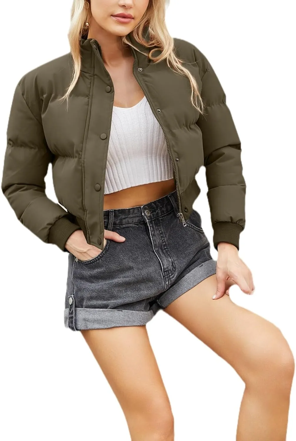 Womens Winter Quilted Jackets, Winter Warm Long Sleeve Zip up Cropped Puffer Down Jacket Coat Outerwear, Puffy Coat