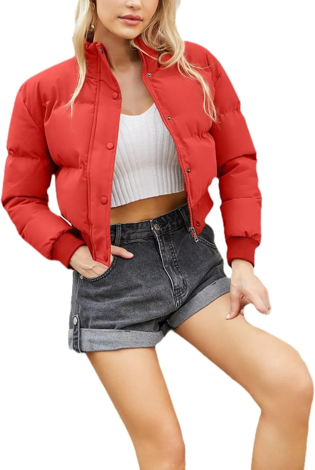 Womens Winter Quilted Jackets, Winter Warm Long Sleeve Zip up Cropped Puffer Down Jacket Coat Outerwear, Puffy Coat