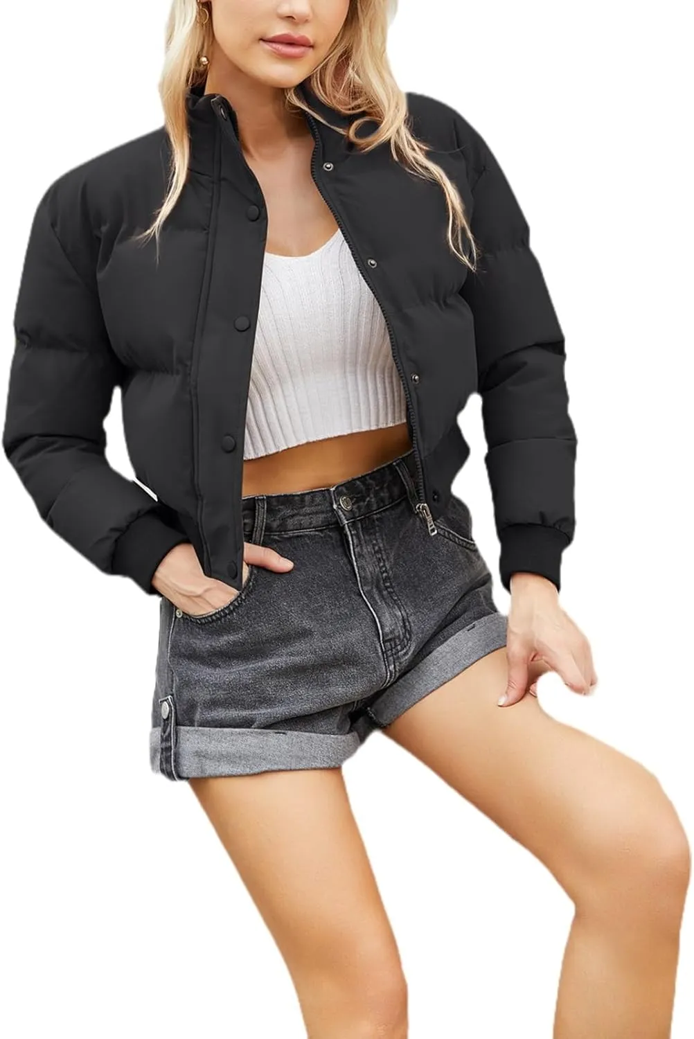 Womens Winter Quilted Jackets, Winter Warm Long Sleeve Zip up Cropped Puffer Down Jacket Coat Outerwear, Puffy Coat