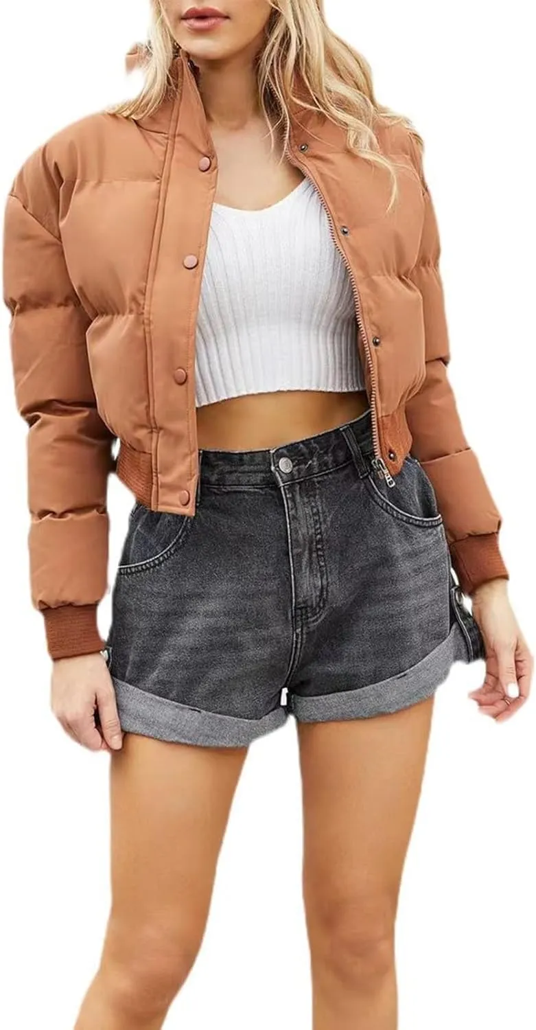 Womens Winter Quilted Jackets, Winter Warm Long Sleeve Zip up Cropped Puffer Down Jacket Coat Outerwear, Puffy Coat