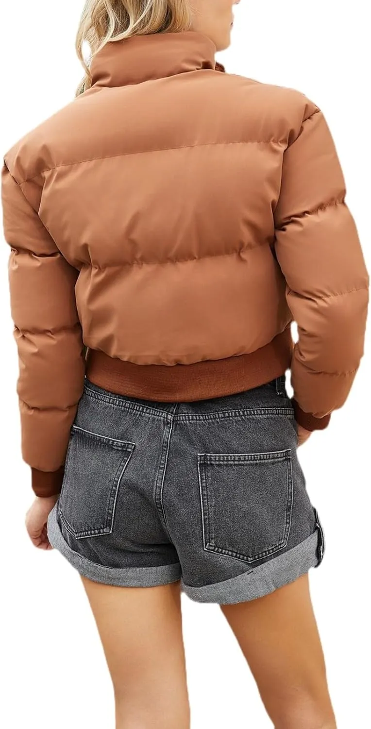 Womens Winter Quilted Jackets, Winter Warm Long Sleeve Zip up Cropped Puffer Down Jacket Coat Outerwear, Puffy Coat