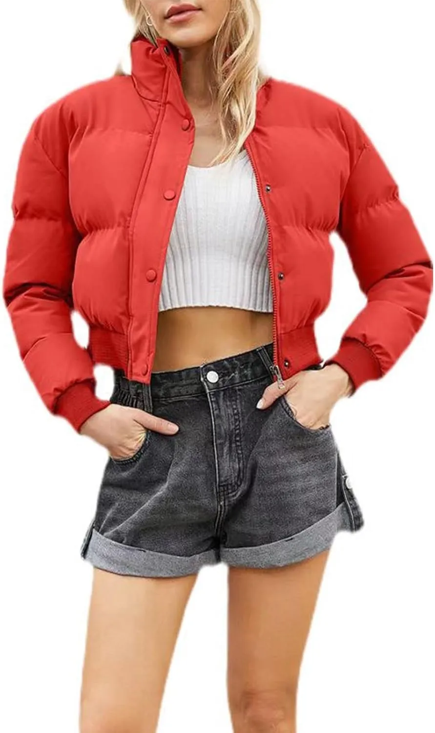 Womens Winter Quilted Jackets, Winter Warm Long Sleeve Zip up Cropped Puffer Down Jacket Coat Outerwear, Puffy Coat