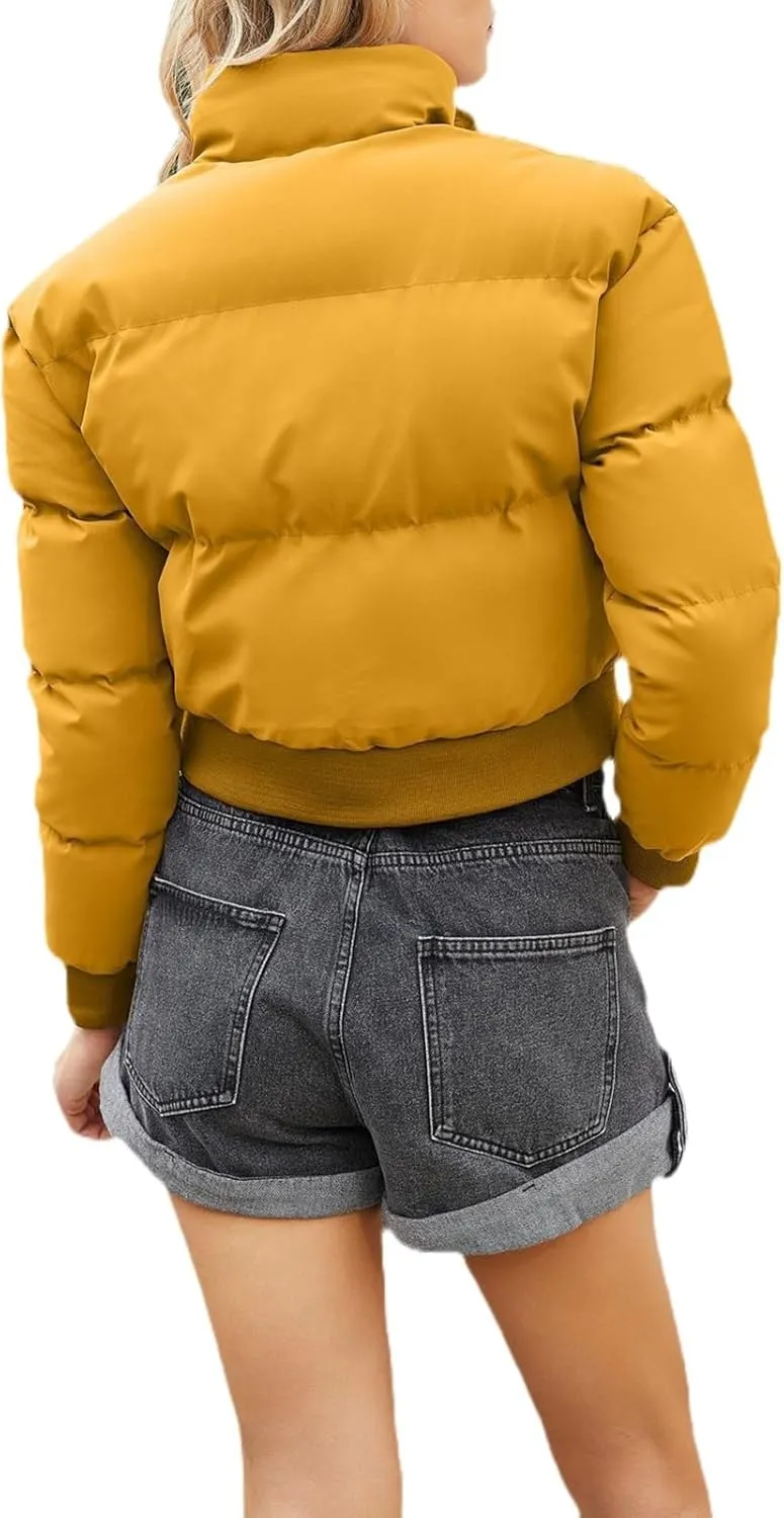 Womens Winter Quilted Jackets, Winter Warm Long Sleeve Zip up Cropped Puffer Down Jacket Coat Outerwear, Puffy Coat