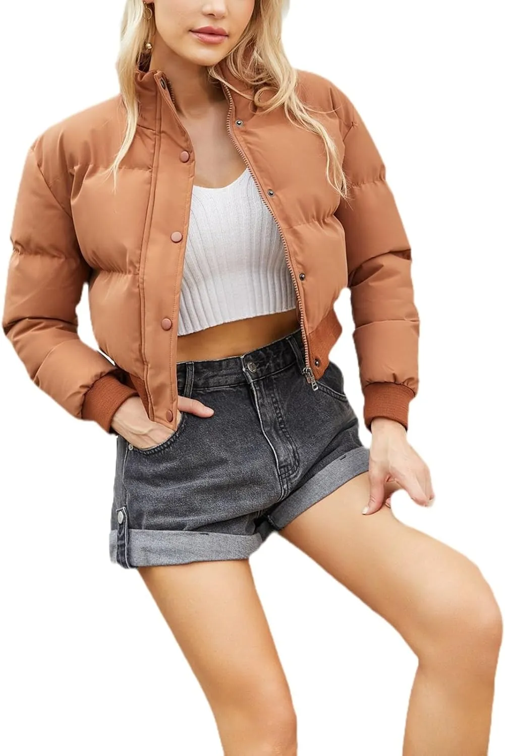 Womens Winter Quilted Jackets, Winter Warm Long Sleeve Zip up Cropped Puffer Down Jacket Coat Outerwear, Puffy Coat