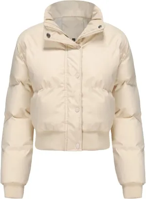 Womens Winter Quilted Jackets, Winter Warm Long Sleeve Zip up Cropped Puffer Down Jacket Coat Outerwear, Puffy Coat