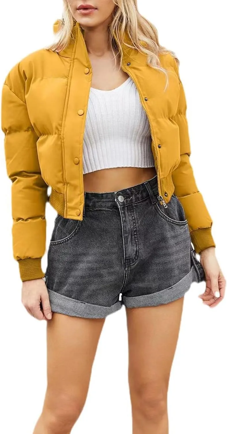Womens Winter Quilted Jackets, Winter Warm Long Sleeve Zip up Cropped Puffer Down Jacket Coat Outerwear, Puffy Coat