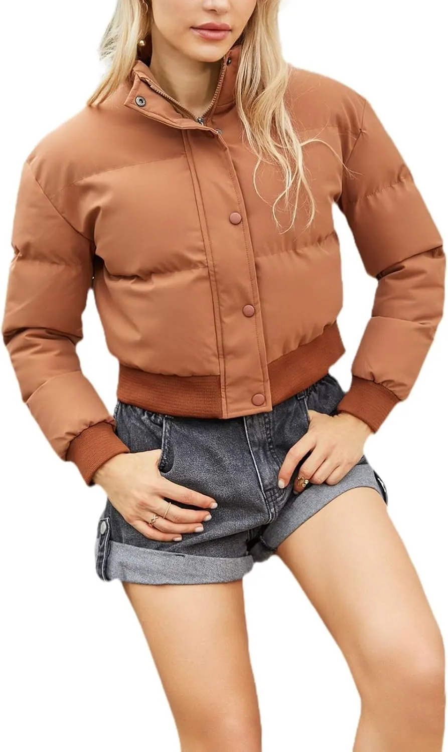 Womens Winter Quilted Jackets, Winter Warm Long Sleeve Zip up Cropped Puffer Down Jacket Coat Outerwear, Puffy Coat