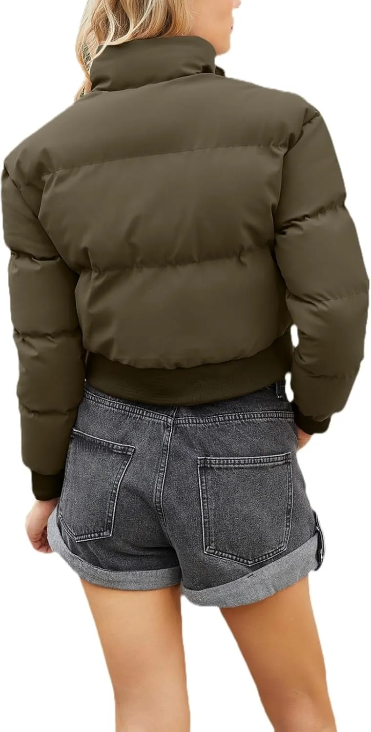 Womens Winter Quilted Jackets, Winter Warm Long Sleeve Zip up Cropped Puffer Down Jacket Coat Outerwear, Puffy Coat