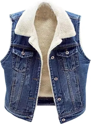 yardsong Fleece Lined Denim Vest for Women Winter Fuzzy Sherpa Sleeveless Jackets Button Down Casual Trucker Coats